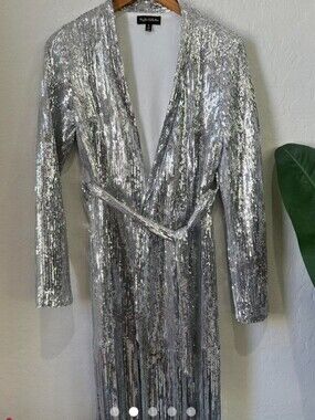 Kaylee Kollection, Silver Sequin Long Wrap Dress